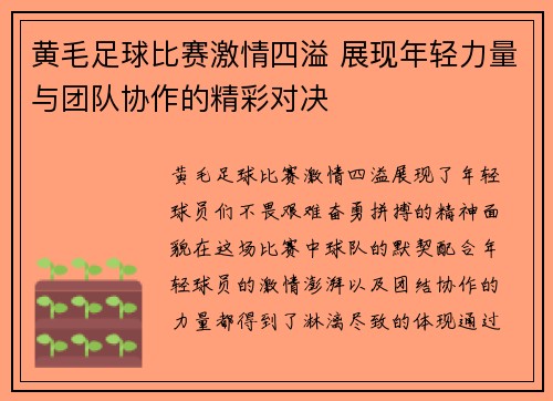 黄毛足球比赛激情四溢 展现年轻力量与团队协作的精彩对决
