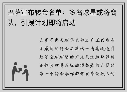 巴萨宣布转会名单：多名球星或将离队，引援计划即将启动