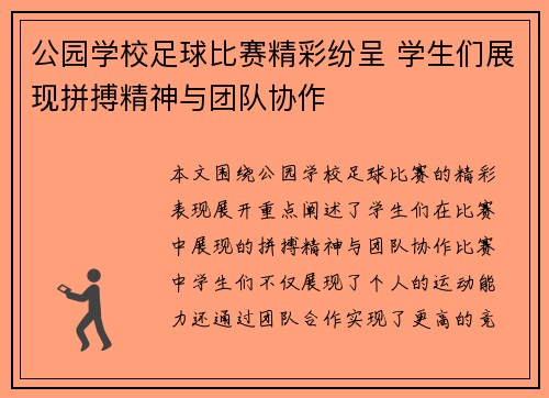 公园学校足球比赛精彩纷呈 学生们展现拼搏精神与团队协作