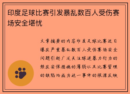 印度足球比赛引发暴乱数百人受伤赛场安全堪忧