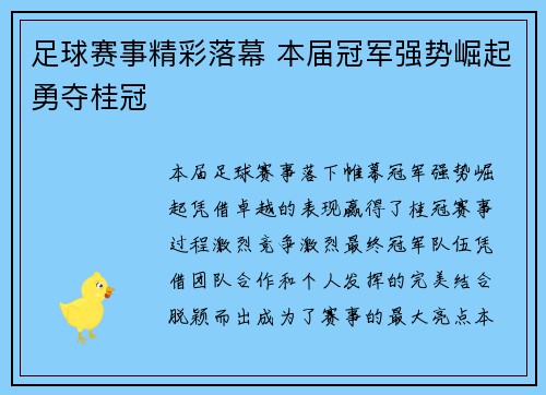 足球赛事精彩落幕 本届冠军强势崛起勇夺桂冠