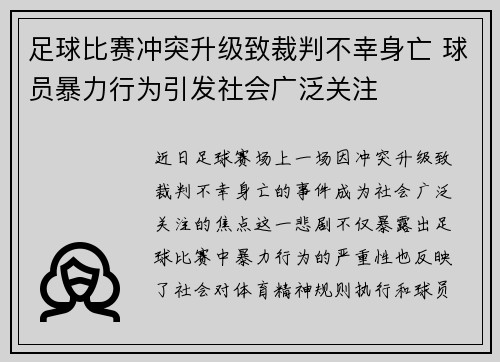 足球比赛冲突升级致裁判不幸身亡 球员暴力行为引发社会广泛关注
