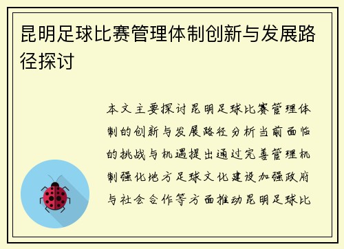 昆明足球比赛管理体制创新与发展路径探讨