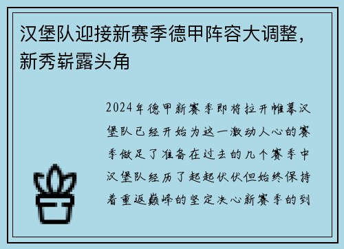 汉堡队迎接新赛季德甲阵容大调整，新秀崭露头角