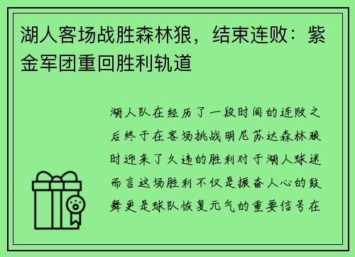 湖人客场战胜森林狼，结束连败：紫金军团重回胜利轨道