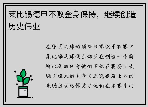 莱比锡德甲不败金身保持，继续创造历史伟业