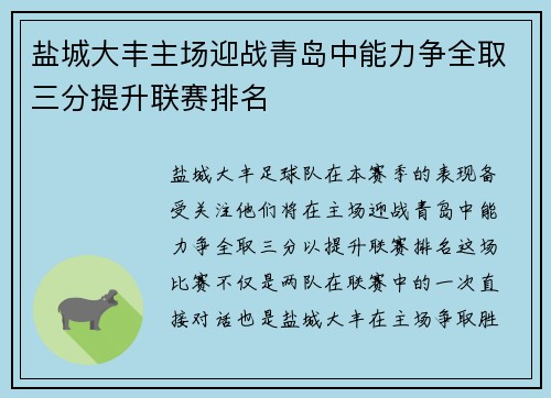 盐城大丰主场迎战青岛中能力争全取三分提升联赛排名