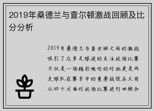 2019年桑德兰与查尔顿激战回顾及比分分析