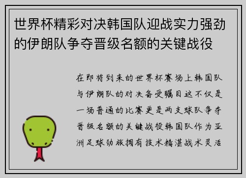 世界杯精彩对决韩国队迎战实力强劲的伊朗队争夺晋级名额的关键战役