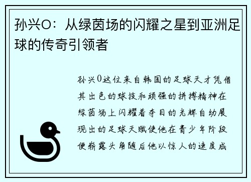 孙兴O：从绿茵场的闪耀之星到亚洲足球的传奇引领者