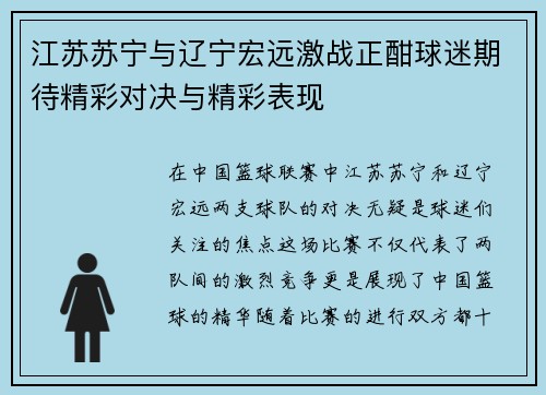 江苏苏宁与辽宁宏远激战正酣球迷期待精彩对决与精彩表现