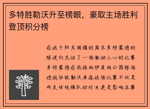 多特胜勒沃升至榜眼，豪取主场胜利登顶积分榜