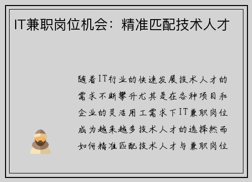 IT兼职岗位机会：精准匹配技术人才