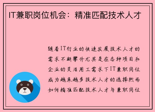 IT兼职岗位机会：精准匹配技术人才