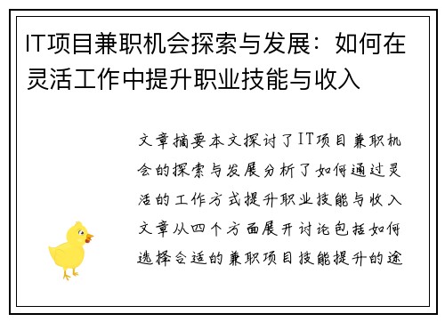 IT项目兼职机会探索与发展：如何在灵活工作中提升职业技能与收入