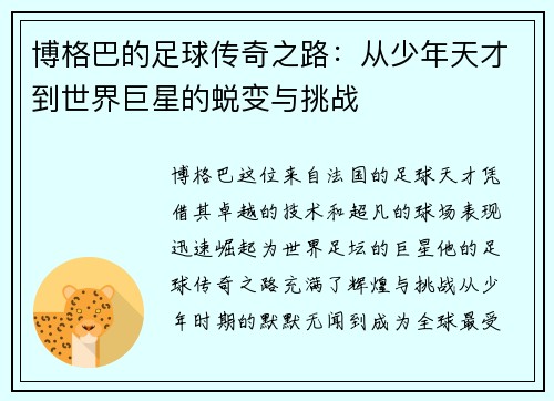 博格巴的足球传奇之路：从少年天才到世界巨星的蜕变与挑战