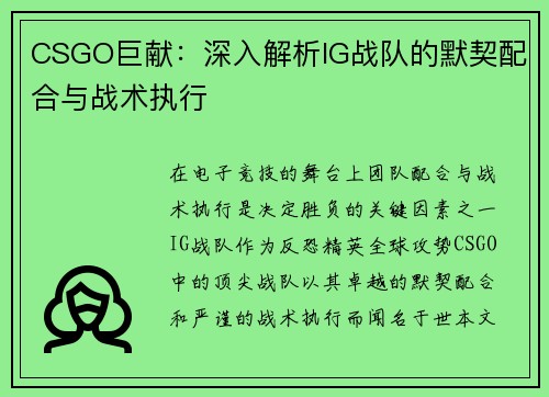 CSGO巨献：深入解析IG战队的默契配合与战术执行