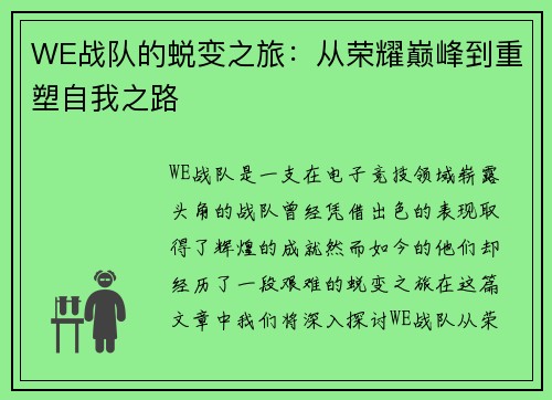WE战队的蜕变之旅：从荣耀巅峰到重塑自我之路