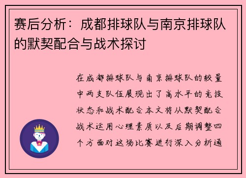 赛后分析：成都排球队与南京排球队的默契配合与战术探讨