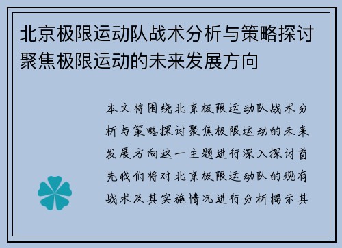 北京极限运动队战术分析与策略探讨聚焦极限运动的未来发展方向